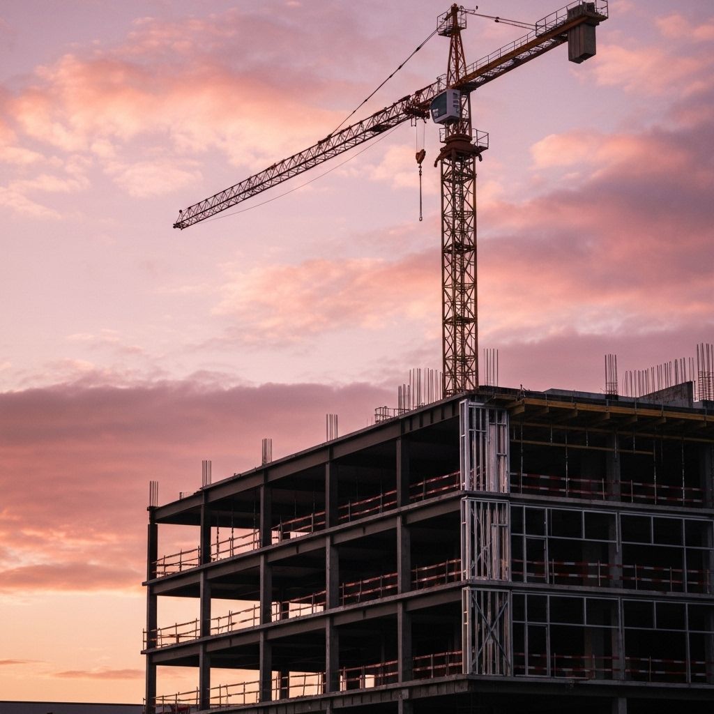 Modern construction site at golden hour with crane and steel framing